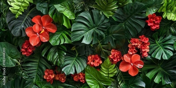 Obraz Vibrant red flowers complement lush green leaves in this captivating display, showcasing the stunning contrast between red flowers and their surrounding green foliage. Perfect for natural beauty
