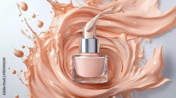 Fototapeta A luxurious bottle of liquid foundation surrounded by swirling cream splashes, emphasizing smooth application and elegant design, isolated on a white background.