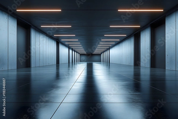 Obraz stock photo features a modern, futuristic, and empty dark room with a 3D design