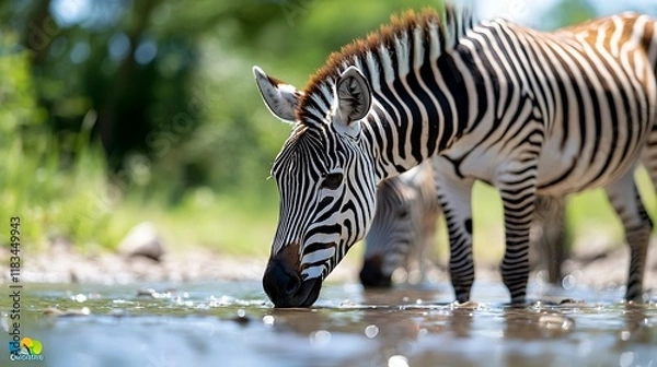 Fototapeta Close-up of a zebra drinking water from a stream in a natural habitat.