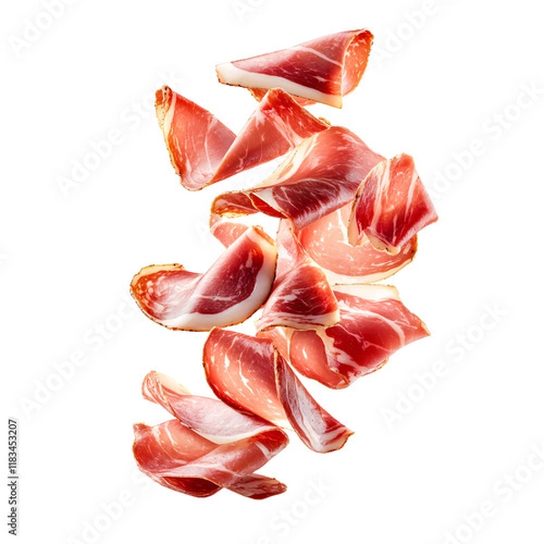 Fototapeta Flying prosciutto slices on a transparent background