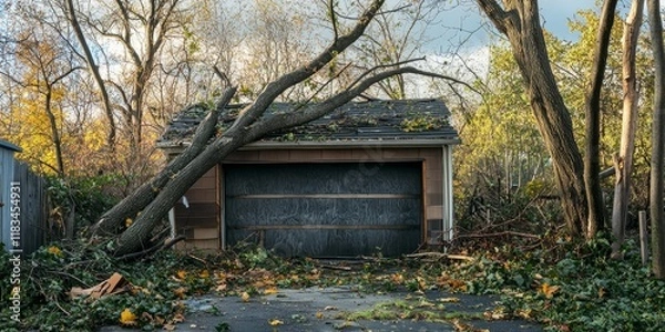 Fototapeta A garage is partially covered by a fallen tree after a major storm event, illustrating the impact of severe weather on residential properties and outdoor spaces, highlighting the aftermath of such