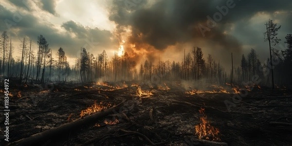 Obraz Dramatic landscape showcasing the aftermath of a fire, illustrating the stark transformation of the environment. This dramatic landscape captures the resilience and changes following fire events.