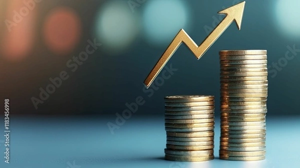 Fototapeta Stacked Coins with Rising Arrow on White Background Showing Financial Growth and Success Concept.