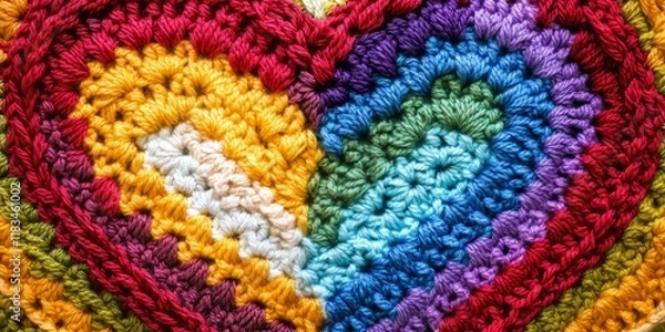 Fototapeta Multicolored heart crocheted from threads, featuring shades of red, white, blue, purple, yellow, and green, showcases the beauty of creative crochet art in vibrant hues.