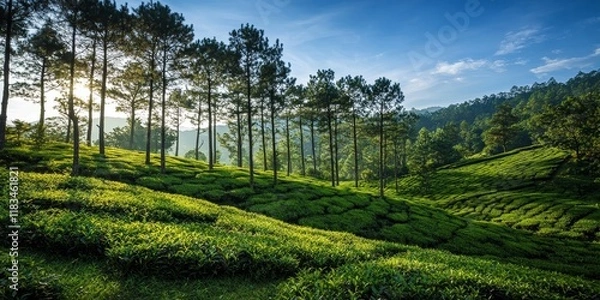 Fototapeta Lush tea plantation set on a hill, surrounded by tall trees, showcasing the natural beauty of the landscape. The tea plantation thrives in this idyllic environment, offering a serene view of nature.