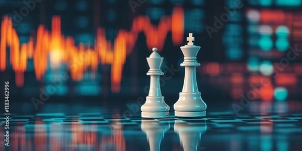 Fototapeta White king chess piece creatively merged with stock market concept, symbolizing the strategic connection between chess and financial markets. The white king chess representation captures this unique