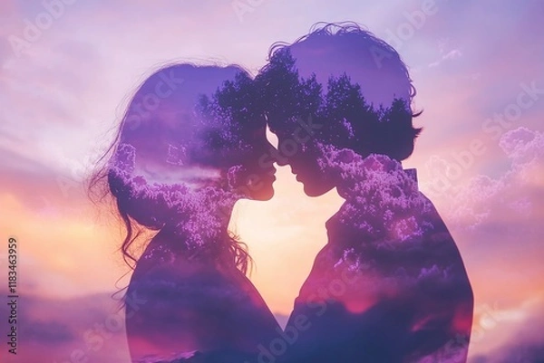 Fototapeta Beautiful silhouette of a young couple in love, boyfriend and girlfriend kissing at sunset. Romantic Valentine's Day background for happy relationships and togetherness