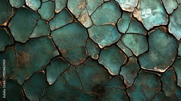 Fototapeta A green and brown stone wall with a cracked and broken appearance