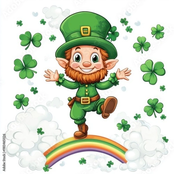 Obraz A cheerful leprechaun in a green outfit dances on a rainbow surrounded by shamrocks and clouds, embodying a festive St. Patrick's Day spirit.