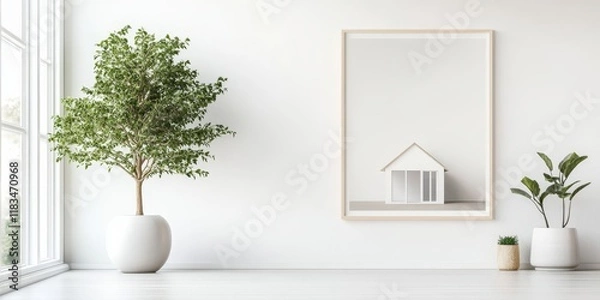 Fototapeta Real Estate Poster showcasing a house and tree on a white wall with space for text above the artwork, reflecting a Scandinavian design concept in a mockup style.