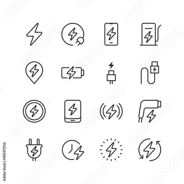 Fototapeta Electronic Charging, linear style icon set. Charging devices and power solutions for electronics. Battery , plug, cable, and wireless charging. Energy and connectivity essentials. Editable stroke widt