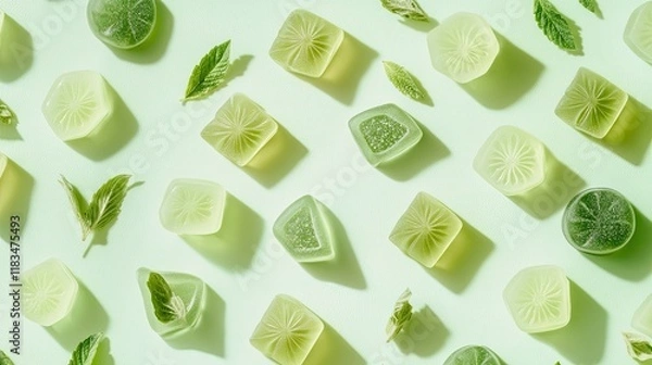 Fototapeta Creative pattern of assorted green CBD gummies with cannabis elements on a pale green surface, emphasizing natural wellness products.