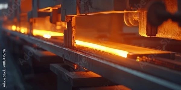 Obraz Hot metal billet being processed under the press showcases the efficient conveyor line of a facility focused on the production of high quality metal products. The operations highlight metal billet