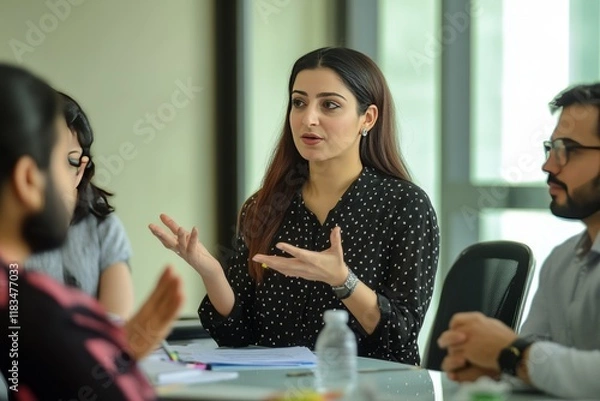 Fototapeta A middle eastern woman explains a new strategy to her colleagues during a presentation at a startup office