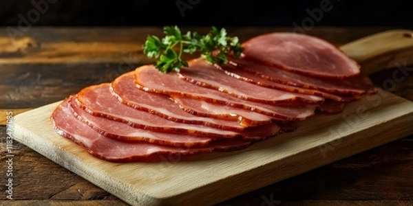 Obraz Homemade Canadian bacon slices displayed on a pale wood cutting board, showcasing the deliciousness of Canadian bacon in a rustic kitchen setting for culinary enthusiasts.