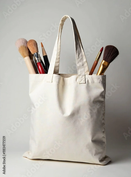 Fototapeta An artistic mockup displaying a blank canvas tote bag and art supplies, suitable for presenting merchandise designs for art galleries and museums  new image