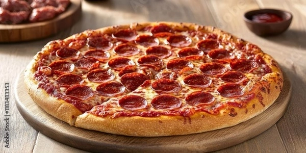 Obraz Close up of a mesmerizing Domino s pepperoni pizza, showcasing the delectable toppings and golden crust that make this pizza a must have for any pizza lover seeking an unforgettable experience.