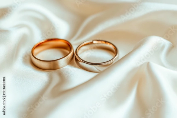 Obraz Two wedding rings resting on white silk fabric