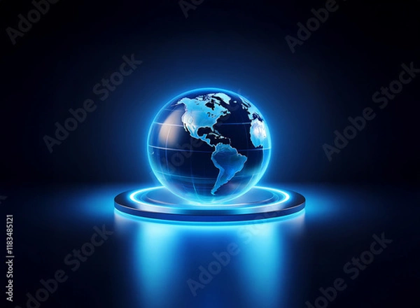 Fototapeta A glowing blue orb, resembling Earth, floats on a luminous circular platform, set against a dark background.  The scene evokes a sense of futuristic technology and global connection.