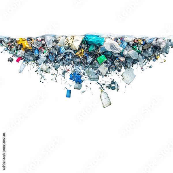 Fototapeta Ocean plastic pollution, showing various types and sizes of debris floating in the water against a transparent background