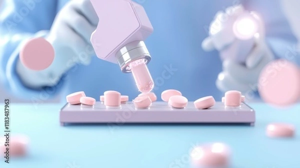 Fototapeta Pink Tablets with Device in Laboratory Setting