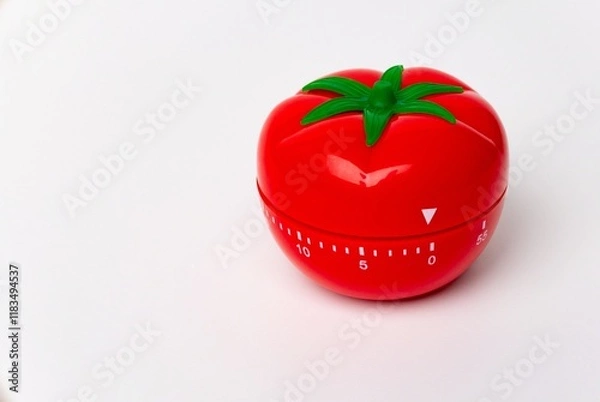 Fototapeta Close up view of mechanical tomato shaped kitchen clock timer for cooking and studying. Used for pomodoro technique for time & productivity management. Isolated on white background, set at 5 minutes.