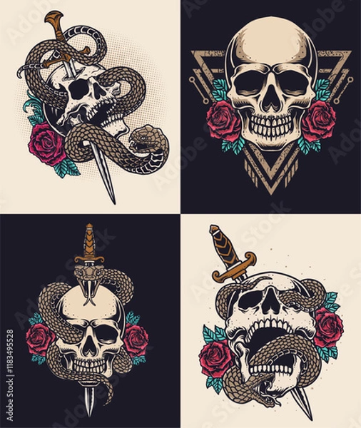 Fototapeta Set of 4 retro skull rose with snake and knife. vector illustration