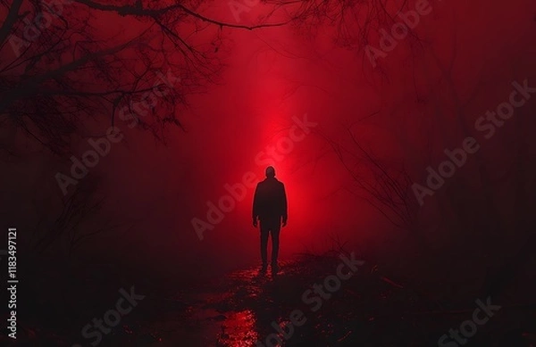 Fototapeta Silhouette of a Man in a Red Foggy Forest