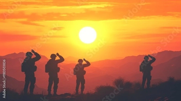 Fototapeta Silhouetted soldiers stand in salute as the sun rises over a vast landscape - ai