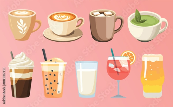 Fototapeta Variety of delicious beverages illustrated, vector element set