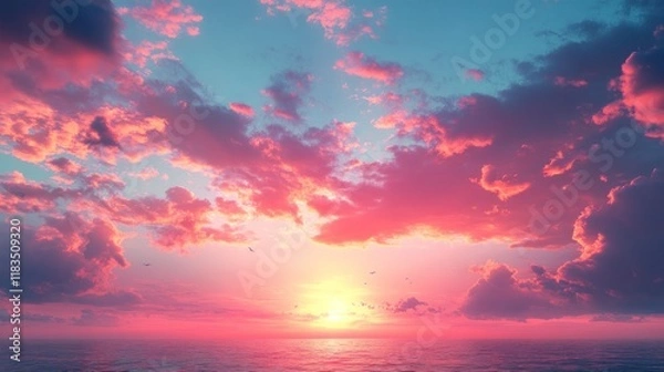 Obraz Vibrant pink and orange sunset over calm ocean with fluffy clouds.