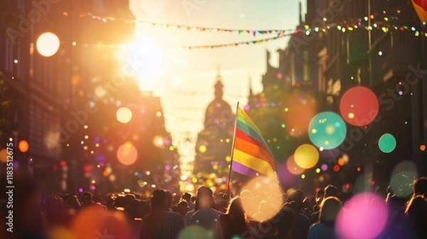 Fototapeta Crowd raising and holding rainbow gay flags during a Gay Pride. On blurred bokeh  background