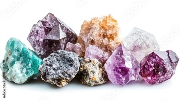 Fototapeta Collection of colorful crystals and minerals on white background