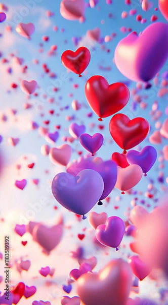Fototapeta Heart-shaped balloons in red and purple float in a cartoon-style sky on a pink and blue background. The cheerful design creates a festive and whimsical Valentine's Day mood.