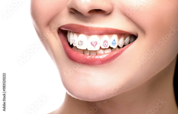 Obraz ティースジュエリー　カラフルなパーツをつけた女性の口元