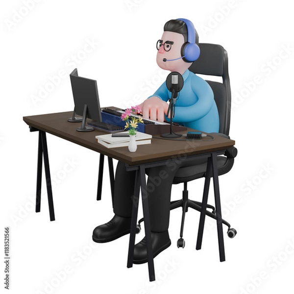 Fototapeta A male radio announcer sits with his hands stacked on the table