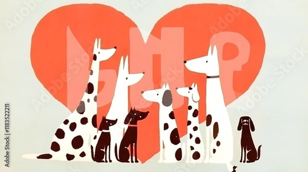 Fototapeta A group of playful, cartoon-style dogs gathered in front of a large heart, symbolizing love and companionship.