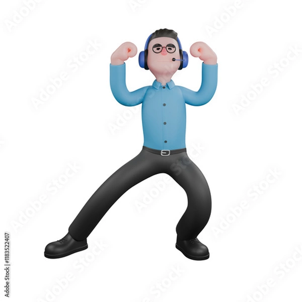 Fototapeta A male radio announcer stands with both hands raised, clenched fists