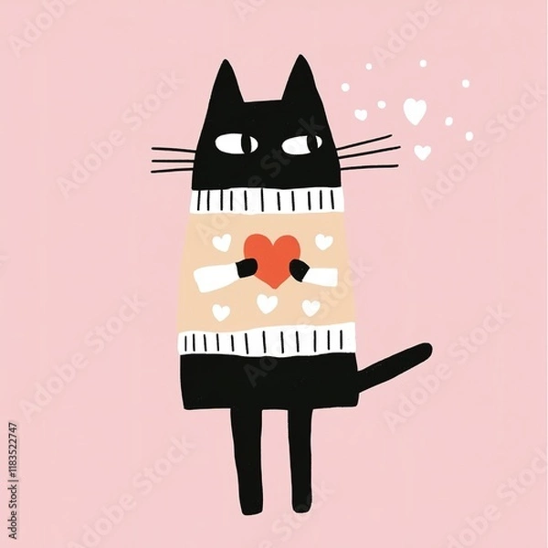 Fototapeta A cute, cartoon-style black cat wearing a cozy sweater holds a heart, surrounded by floating hearts on a soft pink background.