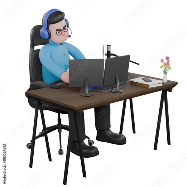 Fototapeta A male radio announcer sits with his hands clenched on the table