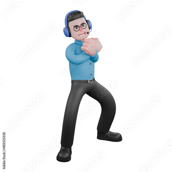 Fototapeta A male radio announcer stands with both hands clenched in front of chest