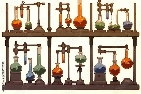 Obraz Digital illustration of laboratory setup overhead view of chemical reactions in action