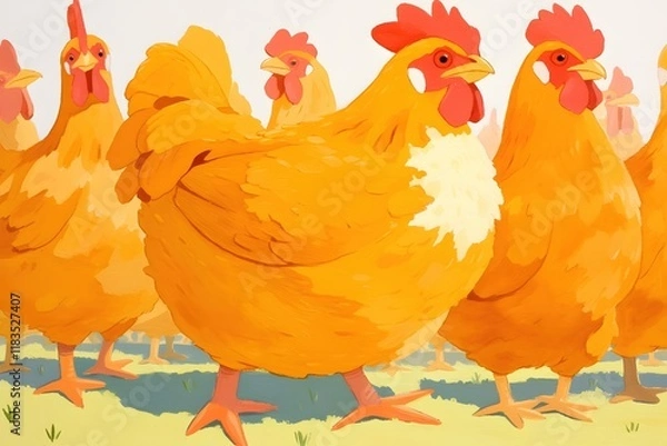 Obraz Colorful chickens roaming in a pastoral farm setting illustrated art bright environment