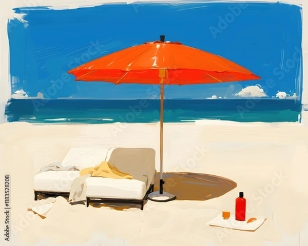 Obraz Serene tropical beach scene umbrella lounger & sunny environment in digital art