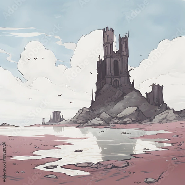 Obraz Mystical ruins rise from serene waters fantasy landscape digital art calm atmosphere wide viewpoint