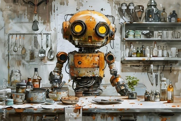 Obraz Robot chef prepares meals in retro kitchen home digital art cozy atmosphere close-up innovation