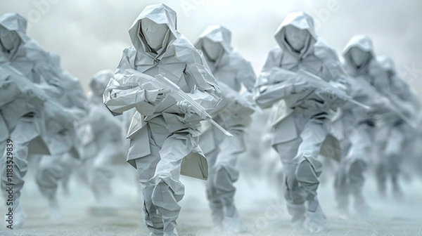 Obraz Military action figures in white camouflage futuristic battle scene digital art surreal environment