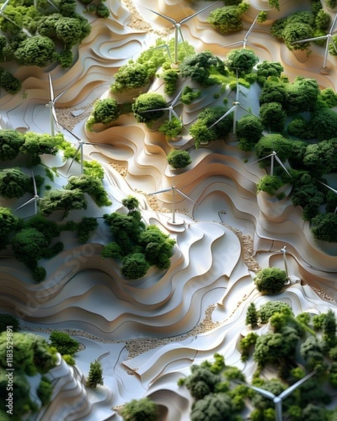 Obraz Sustainable energy development scenic hills 3d model nature aerial view eco-conscious design