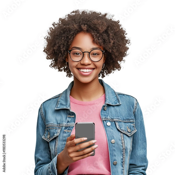 Fototapeta Happy young black woman in denim jacket, holding phone and smiling, isolated on a transparent background.